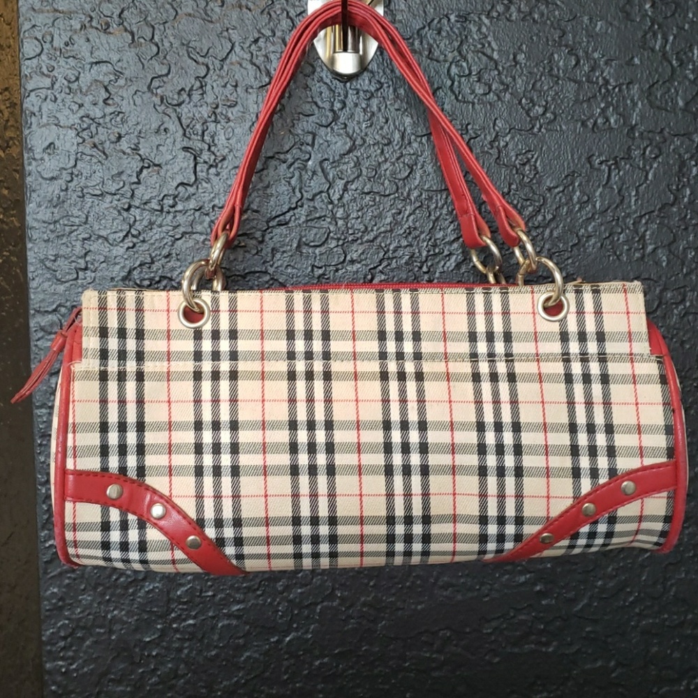 Plaid red and brown barrel shaped purse